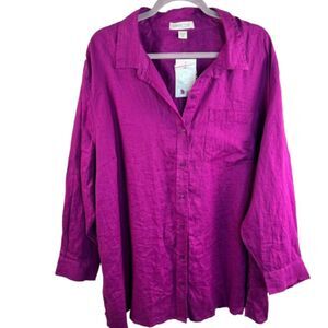 Coldwater Creek NWT Magenta Button Front Long Sleeve Plus Size Linen Shirt 3X